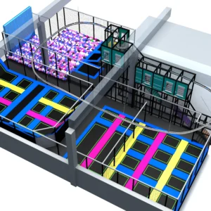 Commercial dual-level trampoline park with roller coaster slide, foam pit & obstacle course for malls & adventure parks