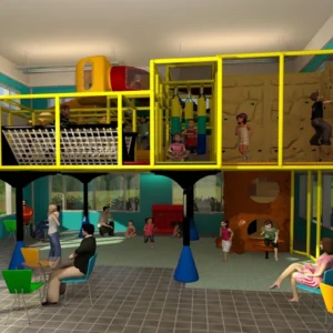 Front view of commercial elevated indoor adventure play with obstacle poles for FECs & malls