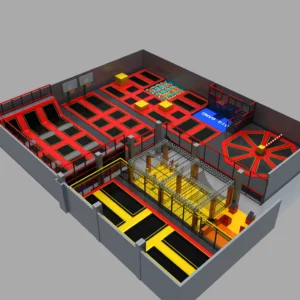 Commercial indoor trampoline park with free bounce, dunk zone, rotating disc & foam pit for malls & sports centers