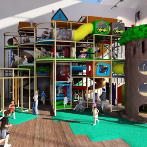 Panoramic view of commercial forest train themed indoor soft play with accessibility features for FECs