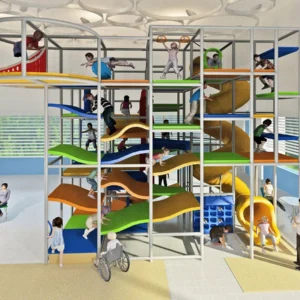 Commercial indoor adventure playground with wave slides, tunnel crawls, wheelchair accessibility for FECs & schools