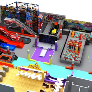 Commercial graffiti-themed super trampoline park with stage, obstacle course & foam pit for malls & FECs