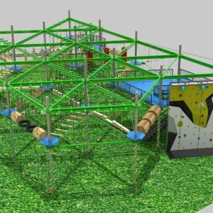 Commercial green frame ropes course with climbing wall, barrel obstacles, and grass base for outdoor parks, FECs, and family entertainment centers