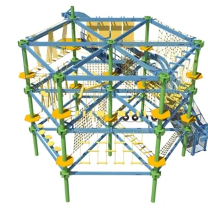 Commercial hexagonal ropes course with net maze, balance bridges, and aerial obstacles for family entertainment centers
