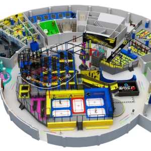Commercial circular trampoline park with central rope course, foam pit & party rooms for malls & adventure parks