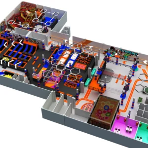 Commercial Honey Bay tech-themed adventure park with trampolines, obstacle course & party rooms for malls & FECs