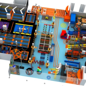 Commercial honeycomb-themed indoor trampoline park with sky zone, obstacle courses, climbing for malls