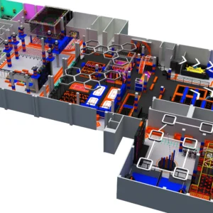 Commercial two-story indoor trampoline park with honeycomb obstacles, sky zone, climbing for malls & FECs