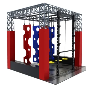 Commercial indoor steel frame ninja obstacle course with climbing walls, hanging obstacles for FECs & trampoline parks