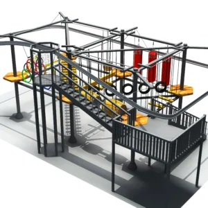 Commercial industrial-style ropes course with zip line, sky bike, tire obstacles, and punching bags for family entertainment centers