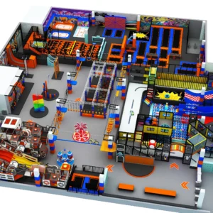 Commercial industrial-themed indoor trampoline park with ninja warrior course, climbing for malls & activity centers