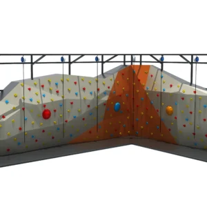 Commercial L-shaped indoor climbing wall with auto belay, multi-pitch routes, colorful holds for FECs & gyms
