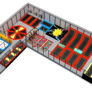 Commercial L-shaped trampoline park with rotating disc, foam pit, dunk zone & obstacle course for malls & sports centers