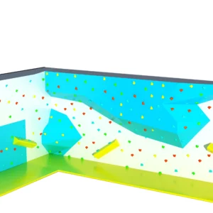 Commercial L-shaped kids bouldering wall with 3D obstacles, colorful holds for FECs, playgrounds & activity centers