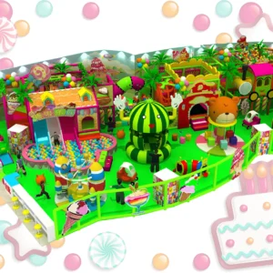 Commercial large indoor playground with candy castle, watermelon slide, ball pit and cartoon characters for malls