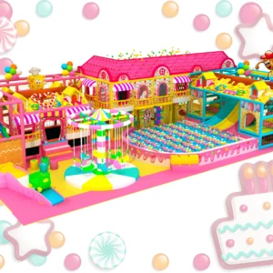 Commercial candy-themed indoor playground with ball pit, carousel, slides and castle for malls