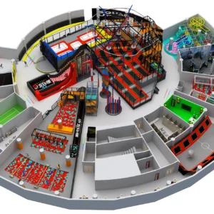 Commercial large circular trampoline park with rope course, foam pit & soccer court for malls & adventure parks