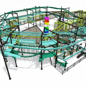 Commercial large circular ropes course with zipline, rainbow net tower, net mazes, and obstacles for family entertainment centers
