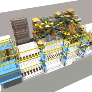 Commercial indoor adventure playground with rope obstacle course, climbing wall, spiral slides, soft play for malls & activity centers