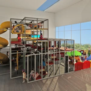 Commercial large indoor adventure playground with yellow spiral slide, multi-level climbing structures for FECs, malls & schools