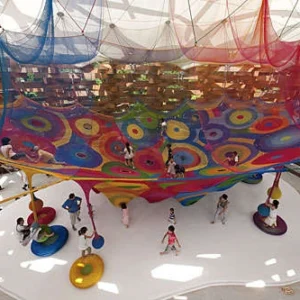 Commercial indoor rainbow climbing net, colorful honeycomb rope playground for kids adventure, malls & activity centers