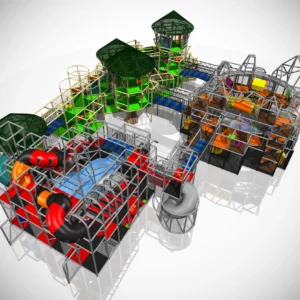 Commercial jungle-themed indoor adventure playground with spiral slides, rope bridges, ball pits for malls & activity centers