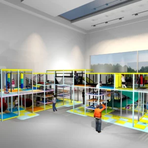 Panoramic side view of commercial multi-level indoor adventure play with obstacle courses for FECs