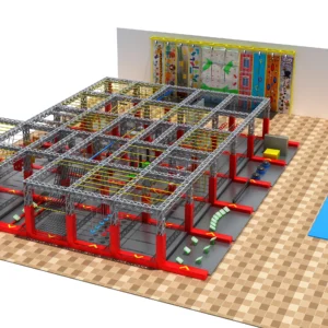 Commercial large truss ropes course with red frame, climbing wall, rainbow runway, and diverse rope obstacles for family entertainment centers