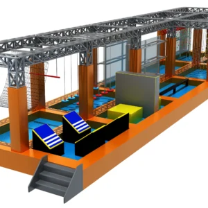 Commercial long strip steel truss ninja obstacle course with multi-obstacles, swing bars for FECs & trampoline parks
