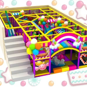 Commercial medium candy-themed indoor soft play with rainbow arch, ball pit and climbing area for malls