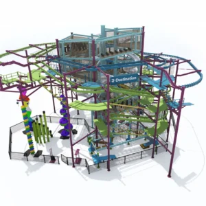 Commercial multi-level adventure park with ropes course, zipline, slide, and interactive zone for family entertainment centers