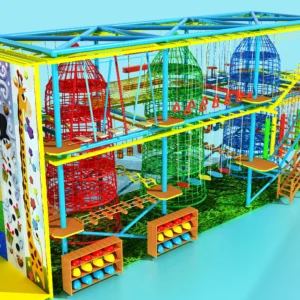 Commercial multi-level ropes course with red/green/blue net towers, giraffe climbing wall, and obstacles for kids family entertainment centers