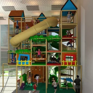 Commercial multi-level treehouse indoor soft play with beige spiral slide for FECs, malls & activity centers