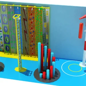 Commercial multi-theme kids climbing area with themed walls, rainbow tower, fitness posts, and obstacle course for indoor FECs
