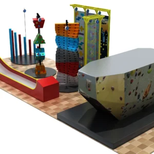 Commercial multi-type kids climbing & fitness set with slide, obstacle posts, cube tower, rock wall for indoor FECs