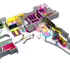 Commercial neon pop trampoline park with foam pit, obstacle course & kids' soft play for family malls & FECs