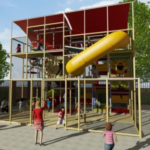 Side view of commercial outdoor shaded adventure play with swing seats for kids activity centers