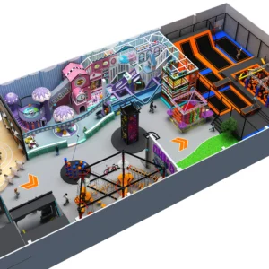 Commercial premium FEC with candy land play, rope course, trampolines & foam pit for malls & family venues