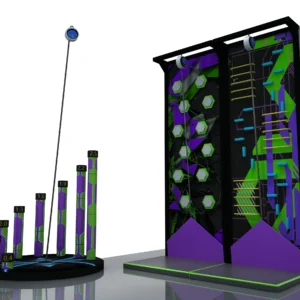 Commercial purple-green tech 2-lane climbing wall with height-marked fitness posts for indoor playgrounds and FECs