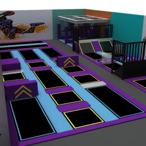 Commercial purple trampoline park with basketball theme, foam pit & obstacle course for malls & youth centers