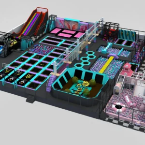Commercial rainbow candy trampoline park with obstacle course, foam pit & kids' soft play for family malls & FECs