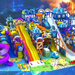 Commercial space battle-themed multi-level indoor soft play with multi-slides, ball pit, rocket decor for kids FECs