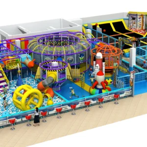 Commercial space-themed indoor playground integrating trampoline park, ball pit, slides & soft play for FECs