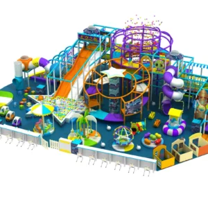 Commercial space-themed indoor soft play with slides, ball pit, toddler area for kids FECs