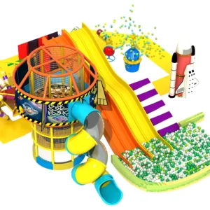 Commercial space-themed indoor soft play with dual slides, ball pit, and multi-level play tower for kids FECs