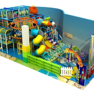 Commercial space-themed indoor soft play playground with slides, ball pit, climbing wall for kids FECs