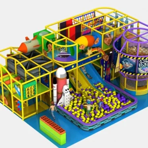 Commercial space-themed multi-level indoor soft play with slides, ball pit, rocket decor for kids FECs