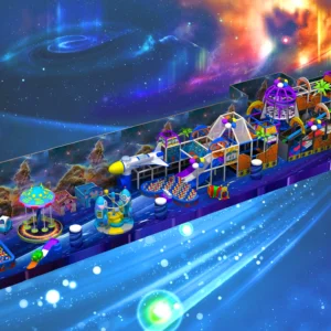 Commercial space-themed long-strip indoor soft play with dual ball pits, slides, toddler area for kids FECs