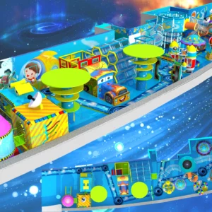 Commercial space-themed long-strip indoor soft play with multi-level climbing, slides, cartoon decor for kids FECs
