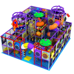 Commercial space-themed net cage indoor soft play with slides, climbing nets, rocket decor for kids FECs